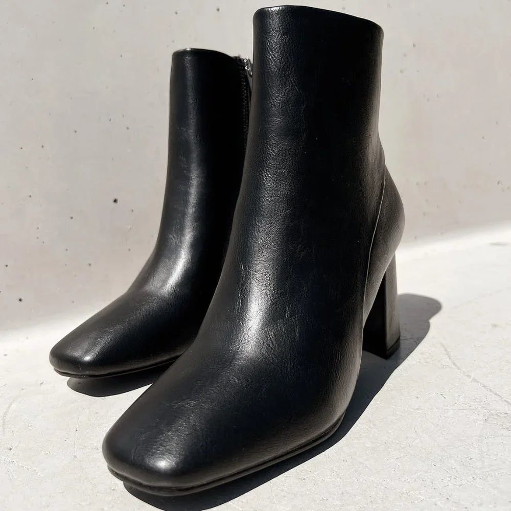 NEW Black Faux Leather Sleek Slim Square Toe Block Heel Ankle Boots Bootie Shoes - Picture 2 of 13